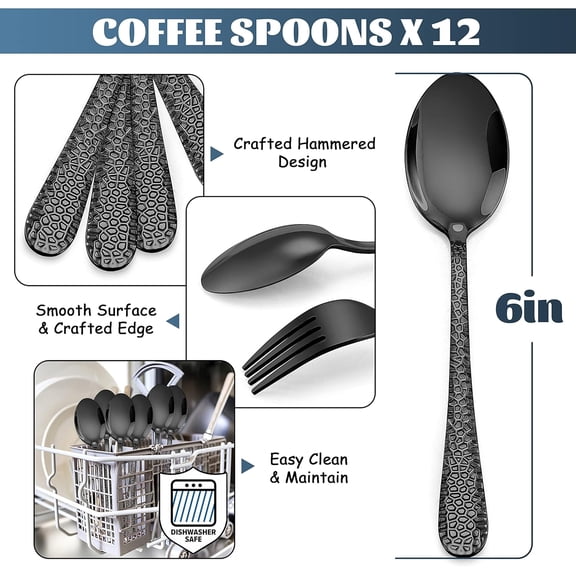TYHREF-12-Piece Small Coffee Spoons, 6-Inch Stainless Steel Mini Espresso Spoons for Coffee/Sugar/Tea, Hammered Design & Rust Free, Mirror Finish-Black
