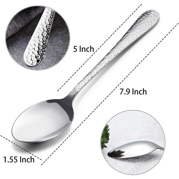 TYHREF-12-Piece Stainless Steel Hammered Dinner Spoons Set, Modern Silver Large Soup Spoons for Home, Kitchen, Restaurant, Round Edge & Mirror Polished, Dishwasher Safe - 7.9 Inches