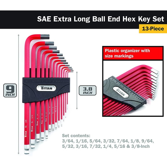 TYHREF-12713 Extra-Long Arm Ball Tip SAE Hex Key Set, 13 Piece