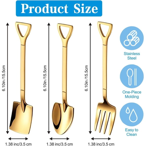 TYHREF-12PCS Dessert Spoons and Forks Set, Stainless Steel Shovel Shape Ice Cream Spoons, Mini Unique Silverware for Home Cocktail Appetizer Party Coffee Yogurt Cake Fruit (Gold)