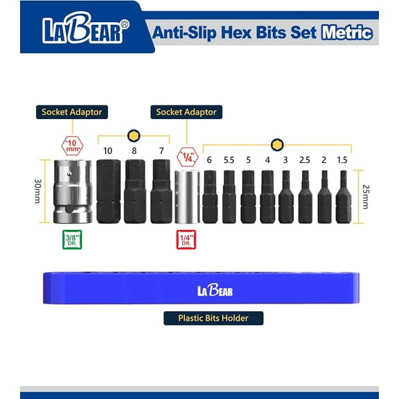 TYHREF-13-Piece Metric Hex Bit Socket Set, S2 Alloy Steel Impact Driver Bits with 1/4" & 3/8" Drive Adapters, for Stripped Screw Removal, Manganese Phosphate Finish, Mechanic Tool Kit