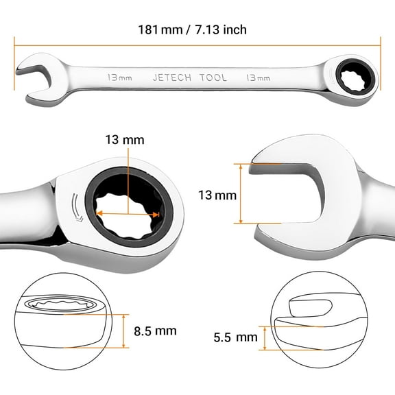 TYHREF-13mm Ratcheting Combination Wrench Metric, Industrial Grade Gear Spanner with 12-Point Design 72-Tooth Ratchet, Forged and Heat-Treated Cr-V Steel,