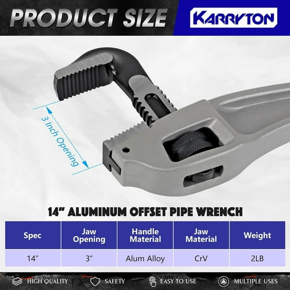 TYHREF-14 Inch Aluminum Offset Pipe Wrench, 3"/76mm Adjustable Jaw Capacity, Heavy Duty Plumbers Wrench with Drop Forged Steel Jaw(CR-V), Perfect Plumbing Tool Exceed GGG Standard