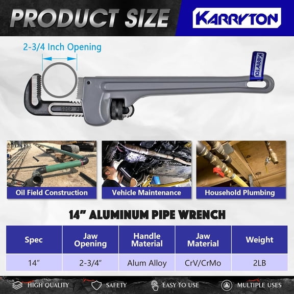 TYHREF-14 Inch Aluminum Pipe Wrench, 2-3/4"/70mm Adjustable Cr-Mo Jaw Opening Heavy Duty Aluminum Straight Handle Plumbing Wrenches, Perfect Plumbers Tool Exceed GGG Standard