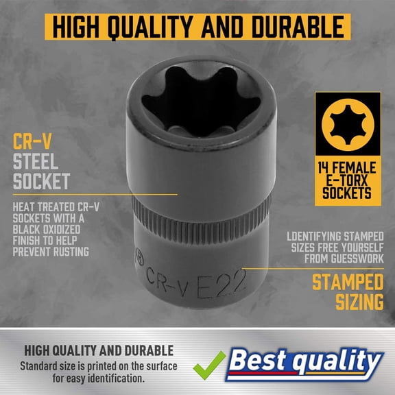 TYHREF-14 Pc Female E-Torx Star Socket Set/Rail, 1/4" 3/8" 1/2" Drive, E24 External Torque Socket Set
