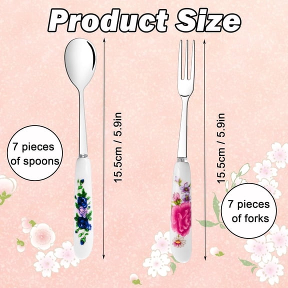 TYHREF-14 Pcs Dessert Forks and Spoons Silverware Set,Stainless Steel Cutlery Forks,Mini Coffee Spoons Pastry Forks with Porcelain Handles,Cake Fork Tea Spoons for Dessert Appetizers,Salad,Fruit