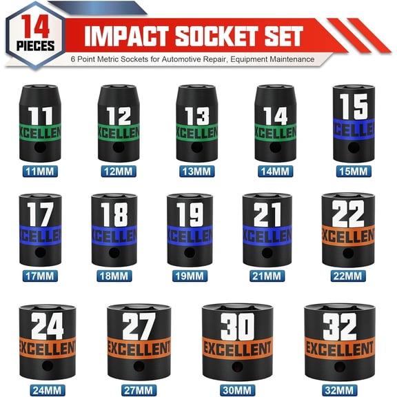 TYHREF-14 Pieces 1/2-Inch Drive Impact Socket Set, 11-32mm Shallow Socket, 6 Point Metric Sockets for Automotive Repair, Equipment Maintenance