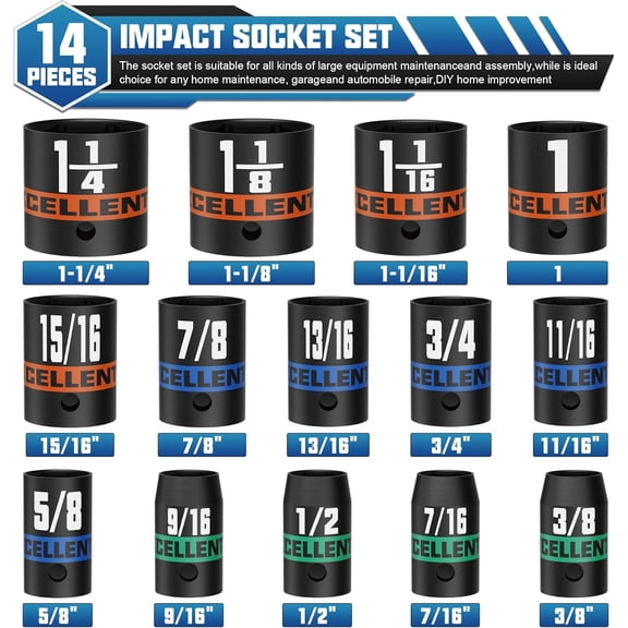 TYHREF-14 Pieces 1/2-Inch Drive Impact Socket Set, 3/8" to 1-1/4" Shallow Socket, 6 Point SAE Sockets for Automotive Repair, Equipment Maintenance