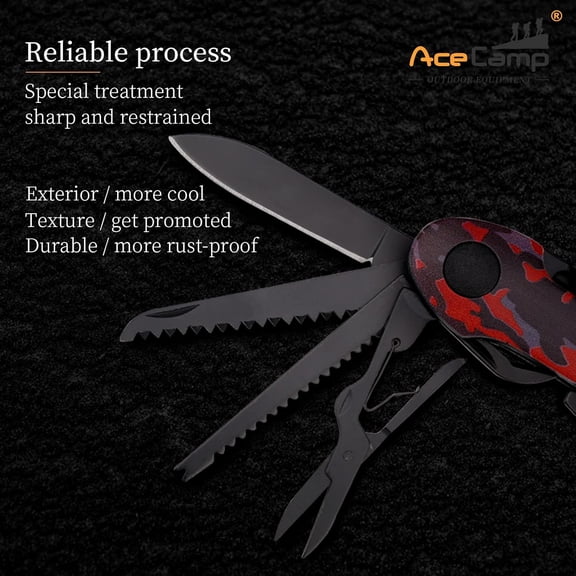 TYHREF-14-in-1 pocket multi-tool, camo stainless steel tool with blade, scissors, corkscrew, serrated, screwdriver, outdoor, fishing, hiking, camping Red