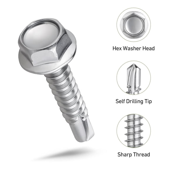 TYHREF-#14 x 1-1/2" Self Tapping Screws for Metal, 30PCS Self Drilling Screws 410 Stainless Steel, Hex Washer Head Self Tapping Sheet Metal Screw, Driver Bit Included