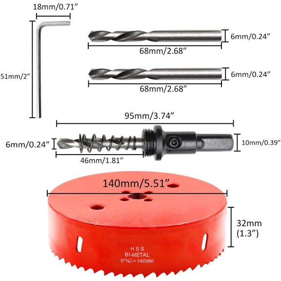 TYHREF-140mm/5.5" Hole Saw Bi-Metal Saw Drilling Tool with Twist Drill Bit & L Hex Wrench for Cornhole Boards Wood Plasterboard Plywood Plastic