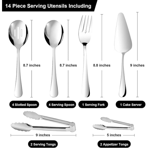 TYHREF-14PCS Serving Utensils - Hostess Serving Utensils Set, Premium Stainless Steel 8.7 inch Serving Utensils, Slotted Spoons, Fork, Tongs, Cake Pie Server for Buffet, Wedding, Dinner (Silver)