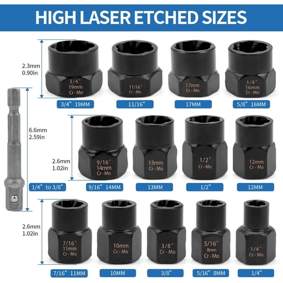 TYHREF-14pcs Bolt and Spiral Screw Extractor Set,Easy Out Bolt Extractor Kit with Bottom 1/4 to 3/8 Inch Drive,Extraction Socket Set for usted Rounded Damaged Nuts Screws