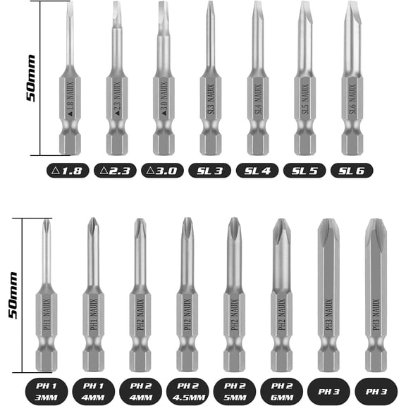 TYHREF-15 Piece Slotted Phillips Triangle Screwdriver Bit Set, 1/4 Inch Hex Shank S2 Steel Magnetic 2 Inch Long Drill Bits