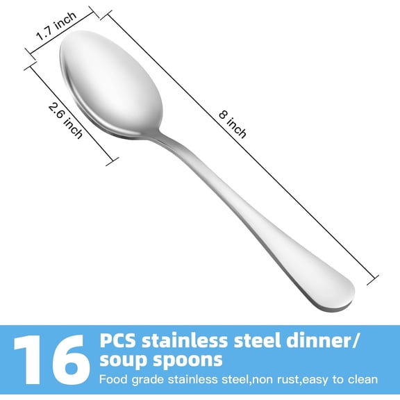 TYHREF-16 Pcs Large Tablespoons Set, Food-Grade Stainless Steel Soup Spoons, Metal Cutlery Spoon, Dinner Spoon, Spoons Silverware for Home, Kitchen or Restaurant, Mirror Polished, Dishwasher Safe 8 I