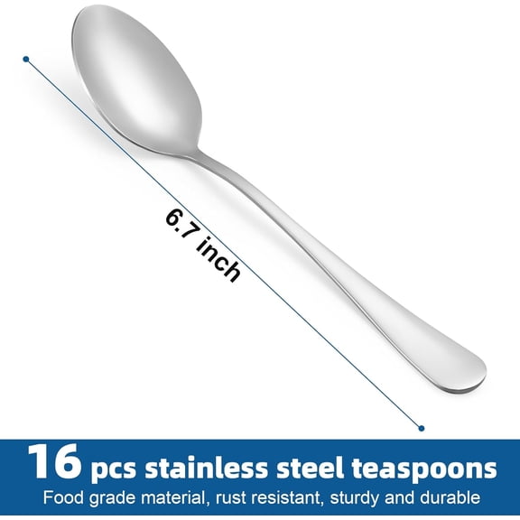 TYHREF-16 Pcs Teaspoons Set, Food-Grade Stainless Steel Spoons Silverware, Cutlery Tea Spoons, Durable Dessert Spoons, Metal Spoon for Home, Kitchen or Restaurant, Mirror Polished, Dishwasher Safe 6.