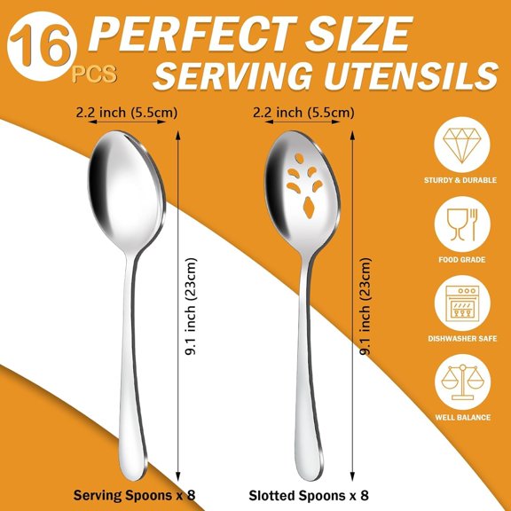 TYHREF-16-Piece Serving Spoons Set - Set of 8 Serving Spoons, Set of 8 Slotted Spoons, 9.1-Inch Utensils Set for Parties, Stainless Steel, Dishwasher Safe, Large Spoon For Buffet