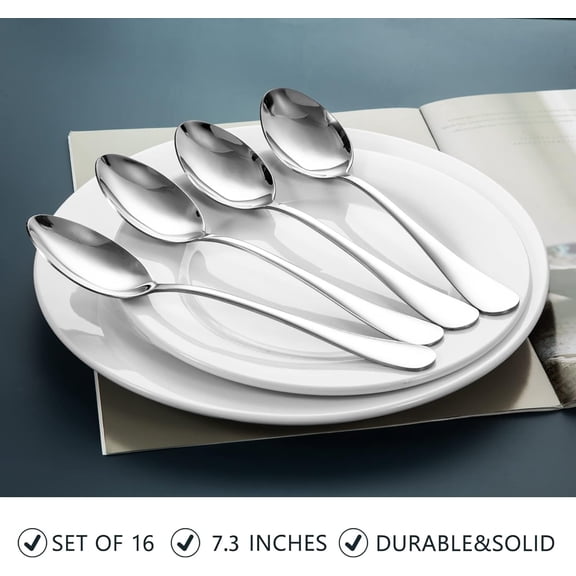 TYHREF-16 Piece Stainless Steel Dinner Spoons Set, 7.3" Silverware Set, Table Soup Spoons, Mirror Finish & Dishwasher Safe