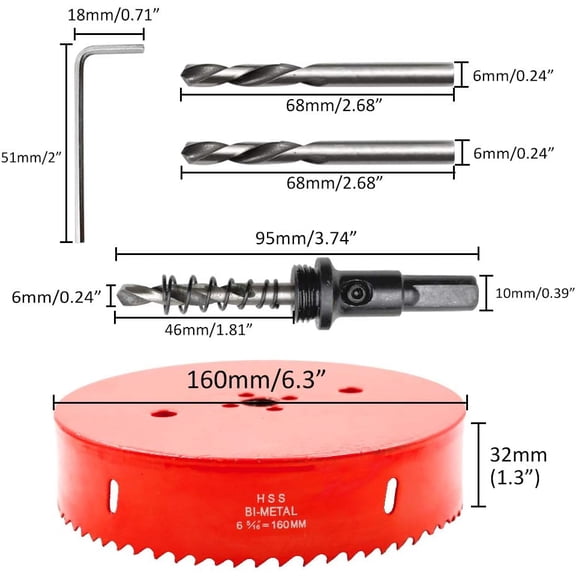 TYHREF-160mm/6.3 inch Hole Saw Bi-Metal Saw Drilling Tool with Twist Drill Bit & L Hex Wrench for Cornhole Boards Wood Plasterboard Plywood Plastic