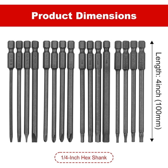 TYHREF-16pcs 4-in-1 Magnetic Screwdriver Bits Set with 1/4" Hex Shank Drill Screw Driver Bit Power Tools Kit Hex Head Allen Wrench Torx Security Cross Phillips and Flat Head Slotted Tip Bit,S2 Alloy
