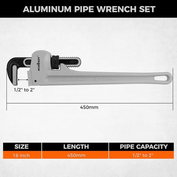 TYHREF-18-Inch Pipe Wrench, Aluminum Heavy-Duty Adjustable Plumbing Wrench, 450mm, 1/2"2" Pipe Capacity, Strong Grip & Durable, Lightweight Gray for Professionals & DIY