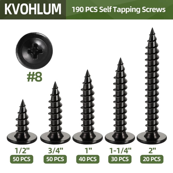TYHREF-190 PCS #8 Modified Truss Head Wood Screws Assortment Kit, Black Phillips Drive Quick Metal Self Tapping Screws, Screwdriver Bit Included, 5 Sizes (1/2", 3/4", 1", 1-1/4", 2")