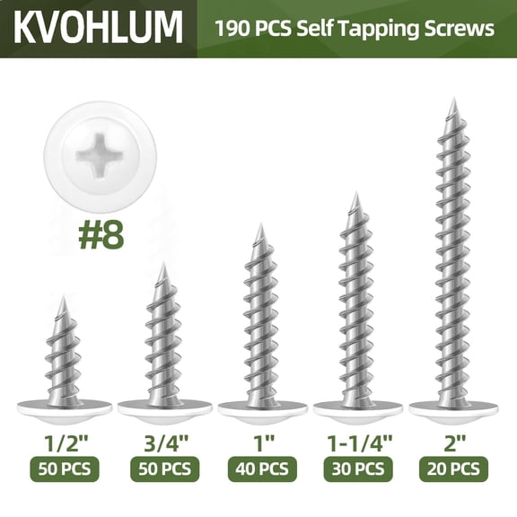 TYHREF-190 PCS #8 Modified Truss Head Wood Screws Assortment Kit, White Head Quick Metal Self Tapping Screws, Phillips Drive, Screwdriver Bit Included, 5 Sizes (1/2", 3/4", 1", 1-1/4", 2")