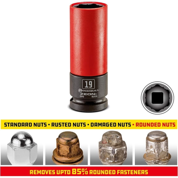 TYHREF-19mm Zeon Lug Nut Socket, 1/2" Drive  Impact Rated Chromoly Steel for Damaged & Rounded Lug Nuts, Patented Design Grips up to 85% Rounded, Includes Protective Wheel Saver Sleeve - 941434