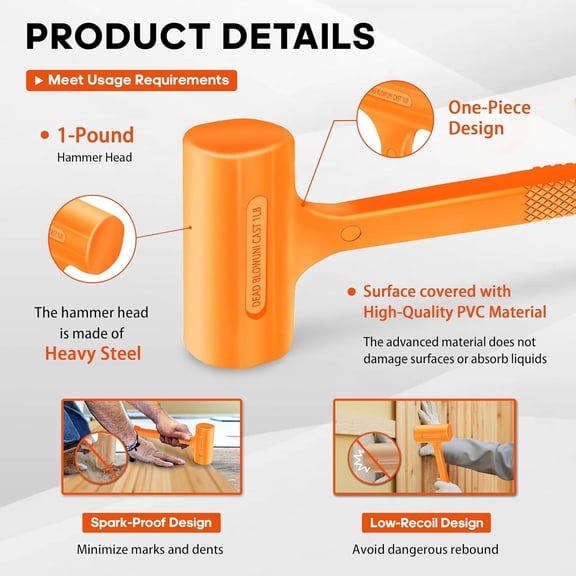 TYHREF-1LB Dead Blow Hammer, Heavy Duty Unibody Molded, Dead-Blow with Steel Ball Shot Filled Head, Ergonomic Checkered Grip, Spark and Rebound Resistant, Orange, Ideal for DIY, Automotive