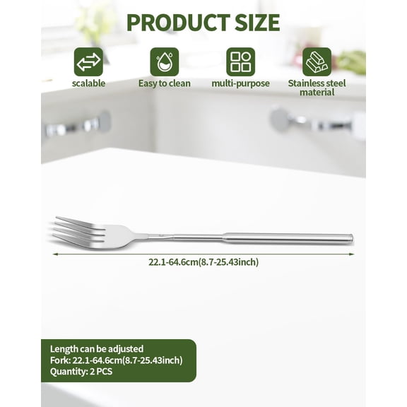 TYHREF-2 PCS Extendable Fork, Telescopic Stainless Steel Fork Set, Expandable Extension Spoon to 25.43 In Tableware, for BBQ Dinner Fruit Dessert