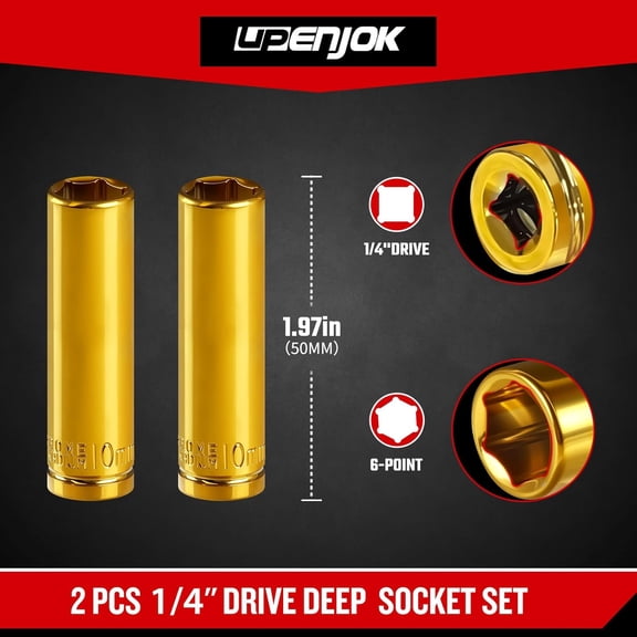 TYHREF-2-Pack 1/4" Drive 10mm Deep Socket Set - Gold Plated CR-V Steel, 6-Point Design, Anti-Corrosion, for Automotive & DIY