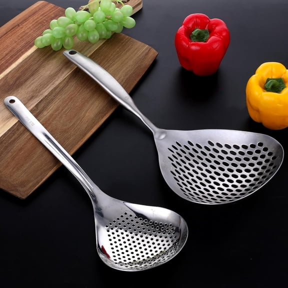 TYHREF-2 Pcs Skimmer Slotted Spoon, 304 Stainless Steel Skimmer Spoon Long Handle Spider Strainer Spoon Pasta Spoon Metal Ladle Spoon Fryer Scoop Wok Spatula for Cooking, Frying, Colander, Kitchen Ut