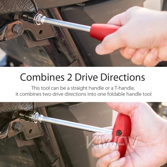 TYHREF-2-Way 3/8" Spinner Handle and Magnetic 1/4" Bit Holder Foldable T-Handle or Sraight 3/8" Sqaure Drive Red Grip Socket Wrench Screwdriver Tool