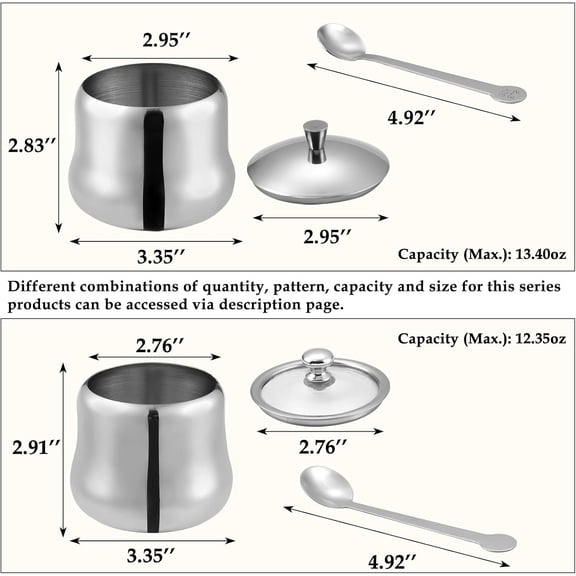 TYHREF-2 pack 13oz Stainless Steel Sugar Bowl Decorative Silver Ghee Container with Spoon and Metal Lid Small Spice Jars for Seasonings Condiment Pot for Kitchen Coffee Table