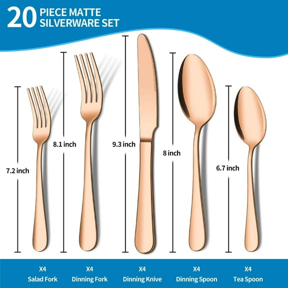 TYHREF-20 Piece Matte Copper Silverware Set, Rose Gold Stainless Steel Flatware Cutlery Set for 4, Kitchen Utensil Set Service for 4, Include Knife Fork Spoon, Mirror Polished, Dishwasher Safe