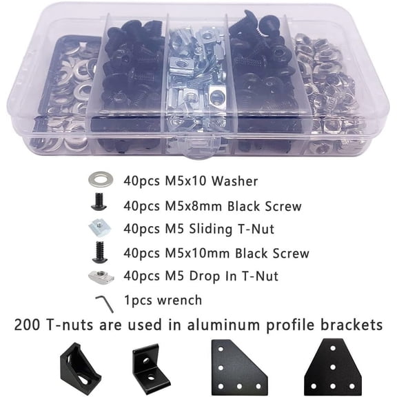 TYHREF-200pcs M5 T-Nuts Screws Kit for 2020 2040 8020 Series Aluminum Extrusion,40Pcs M5x10,40Pcs M5x8 Hexagon Socket Screws,40Pcs M5 T Sliding Nut,40Pcs M5 T Nut,40Pcs Washers