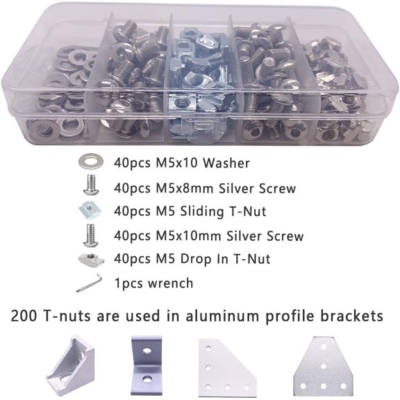 TYHREF-200pcs M5 T-Nuts Screws Kit for 2020 2040 8020 Series Aluminum Extrusion,40Pcs M5x10,40Pcs M5x8 Hexagon Socket Screws,40Pcs M5 T Sliding Nut,40Pcs M5 T Nut,40Pcs Washers