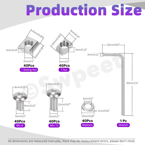 TYHREF-201Pcs M5 T-Nuts Screws Kit with Hex Socket Button Head Cap Screws Bolts, T Nuts, T Sliding Nuts, Washers, Wrench Kit, Socket Head Screws, T Nut Tee Sliding Nut for 2020 Series Aluminum