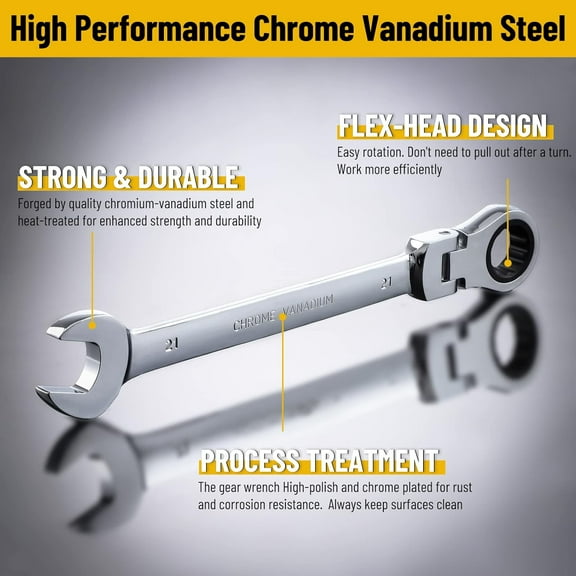 TYHREF-21mm Ratcheting Wrench 12 Point Metric Flex Head Gear Wrench Rachet Box End Spanner 72 Teeth Chrome Vanadium Steel