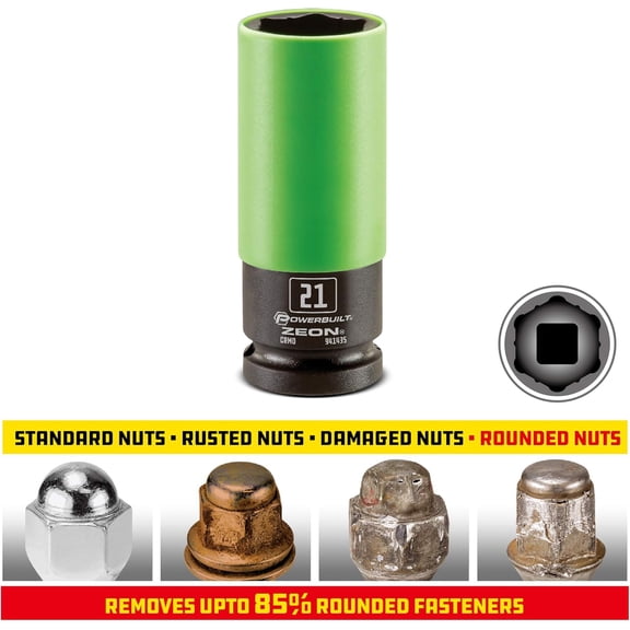 TYHREF-21mm Zeon Lug Nut Socket, 1/2" Drive  Impact Rated Chromoly Steel for Damaged & Rounded Lug Nuts, Patented Design Grips up to 85% Rounded, Includes Protective Wheel Saver Sleeve - 941435