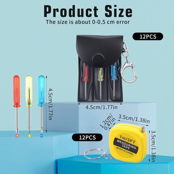 TYHREF-24 Pcs Mini Tape Measure Bulk Small Screwdriver Keychains Set in Pouch Keychains Mini Tool Kit Retractable Keychain Tape Measure 1 m/ 3 ft for Birthday Party Favors Christmas Fathers Day Bulk