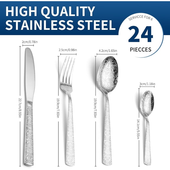 TYHREF-24 Piece Silver Flatware Set, Delicate Patterns,Stainless Steel Flatware Set for 6, Dishwasher Safe, Rust Resistant, Restaurants and Home Use