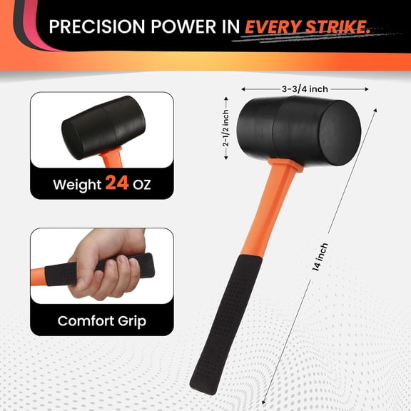 TYHREF-24oz Rubber Mallet Hammer | Non-Marring Soft Blow Mallet with Fiberglass Shock-Absorbing Handle for Woodworking, Flooring, Camping, and Assembly