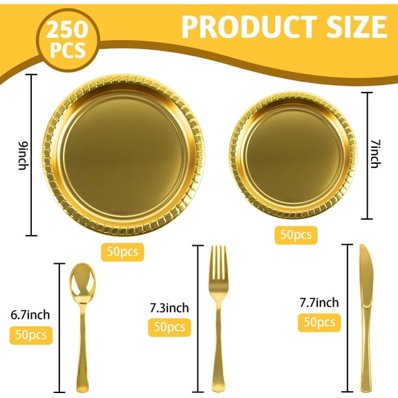 TYHREF-250pcs Gold Plastic Plates for 50 Guests, Include 50 Dinner  Dessert Plates |Forks |Knives |Spoons for Weddings Parties Christmas (Gold, 250PCS50 Guests)