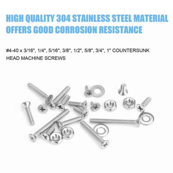 TYHREF-256 Pieces #4-40 x 3/16", 1/4", 5/16", 3/8", 1/2", 5/8", 3/4", 1" Phillips Countersunk Head Machine Screws Nuts Washers Assortment Kit, 4-40 Screw Kit, 304 Stainless Steel