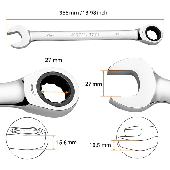 TYHREF-27mm Ratcheting Combination Wrench, Industrial Grade Gear Spanner with 12-Point 72-Tooth Ratchet, Forged and Heat-Treated Cr-V Steel, Metric