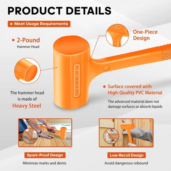 TYHREF-2LB Dead Blow Hammer, Heavy Duty Unibody Molded, Dead-Blow with Steel Ball Shot Filled Head, Ergonomic Checkered Grip, Spark and Rebound Resistant, Orange, Ideal for DIY, Automotive