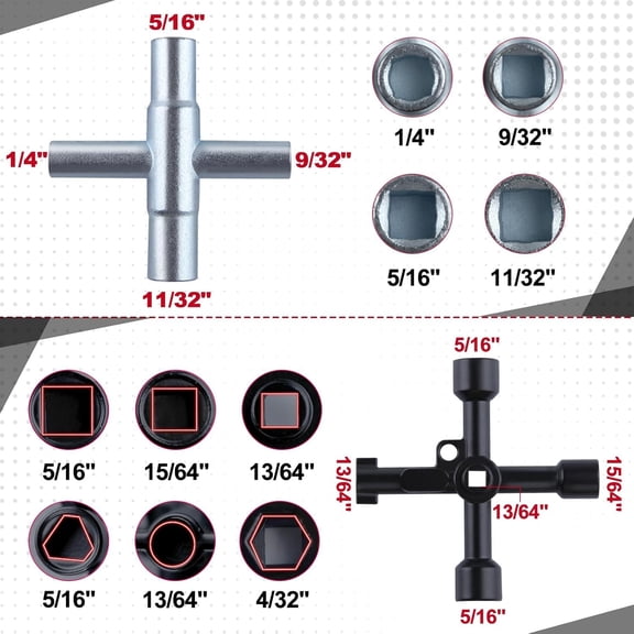 TYHREF-2PCS 4 Way Sillcock Key Set Utilities Key Multi-functional Water Key Steel Sillcock Wrench 4 Way Water Key Tool Hose Bib Key for Valve, Faucet, and Spigots, Hydrant, Control Cabinet