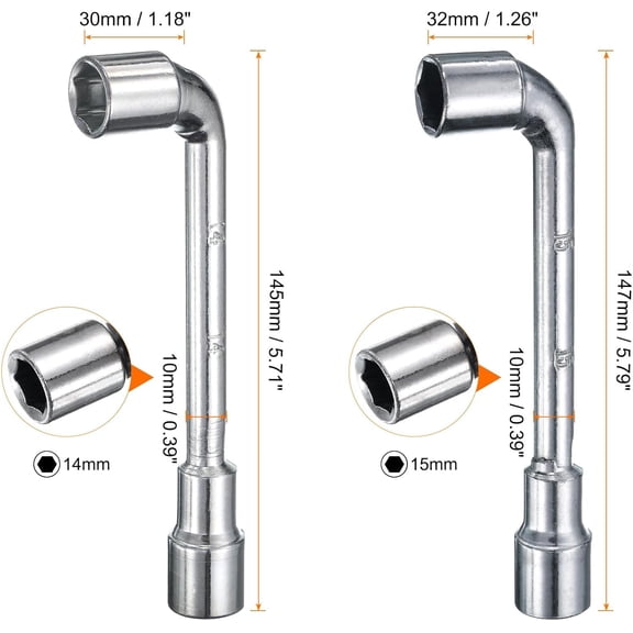 TYHREF-2pcs L Shaped Angled Hex Socket Wrench 14mm 15mm 45# Steel Double Ended Metric 6 Point Tubular Socket Spanner for General Repairing, Pipeline, Bicycle Car Maintenance