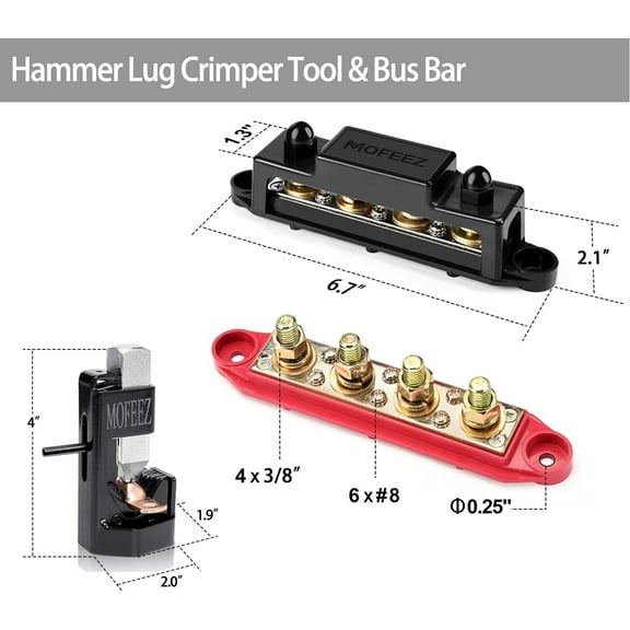 TYHREF-2pcs Power Distribution Block Bus Bar 4  3/8" Posts, 6  #8 Screws & Hammer Lug Crimping Tool for 8 AWG - 0000 AWG Cables